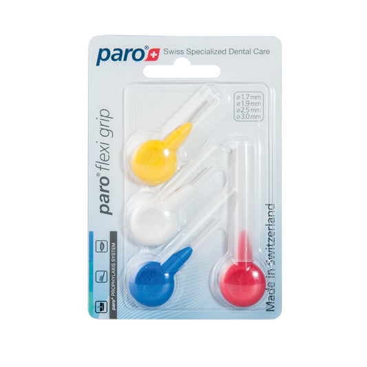 Ершики Paro Flexi Grip для межзубной чистки цилиндрические с защитным колпачком, набор 4 разных размеров