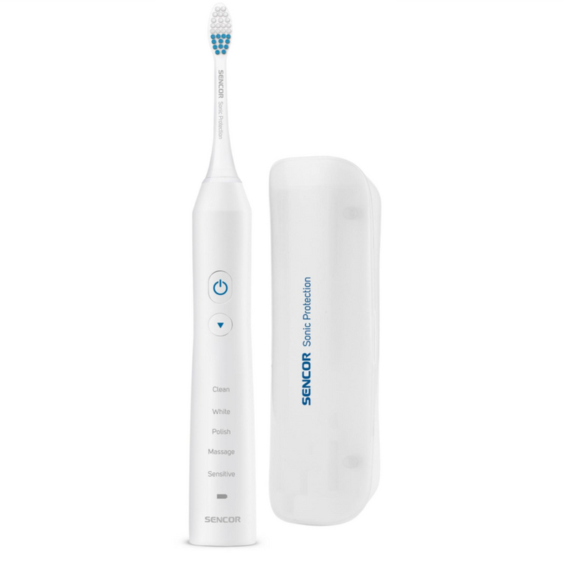Зубна щітка електрична Sencor SOC3312WH або SOC3311BK зі звуковою технологією очищення з п'ятьма режимами чищення та дорожнім чохлом